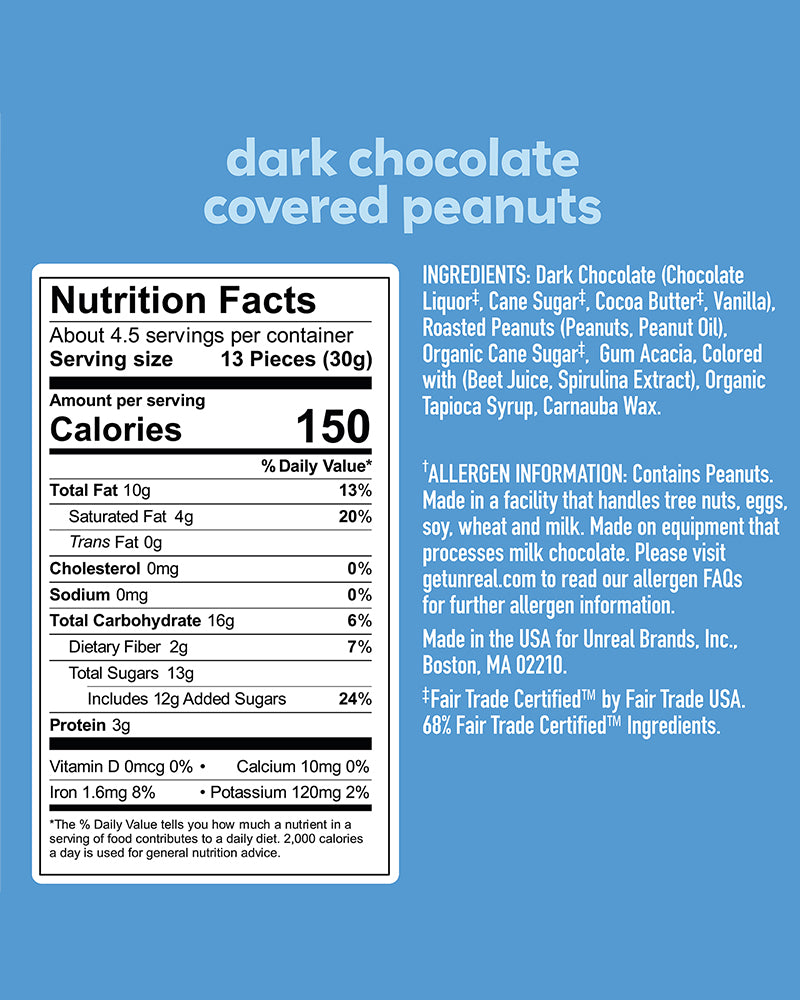 The nutrition panel of UNREAL Dark Chocolate Peanut Gems