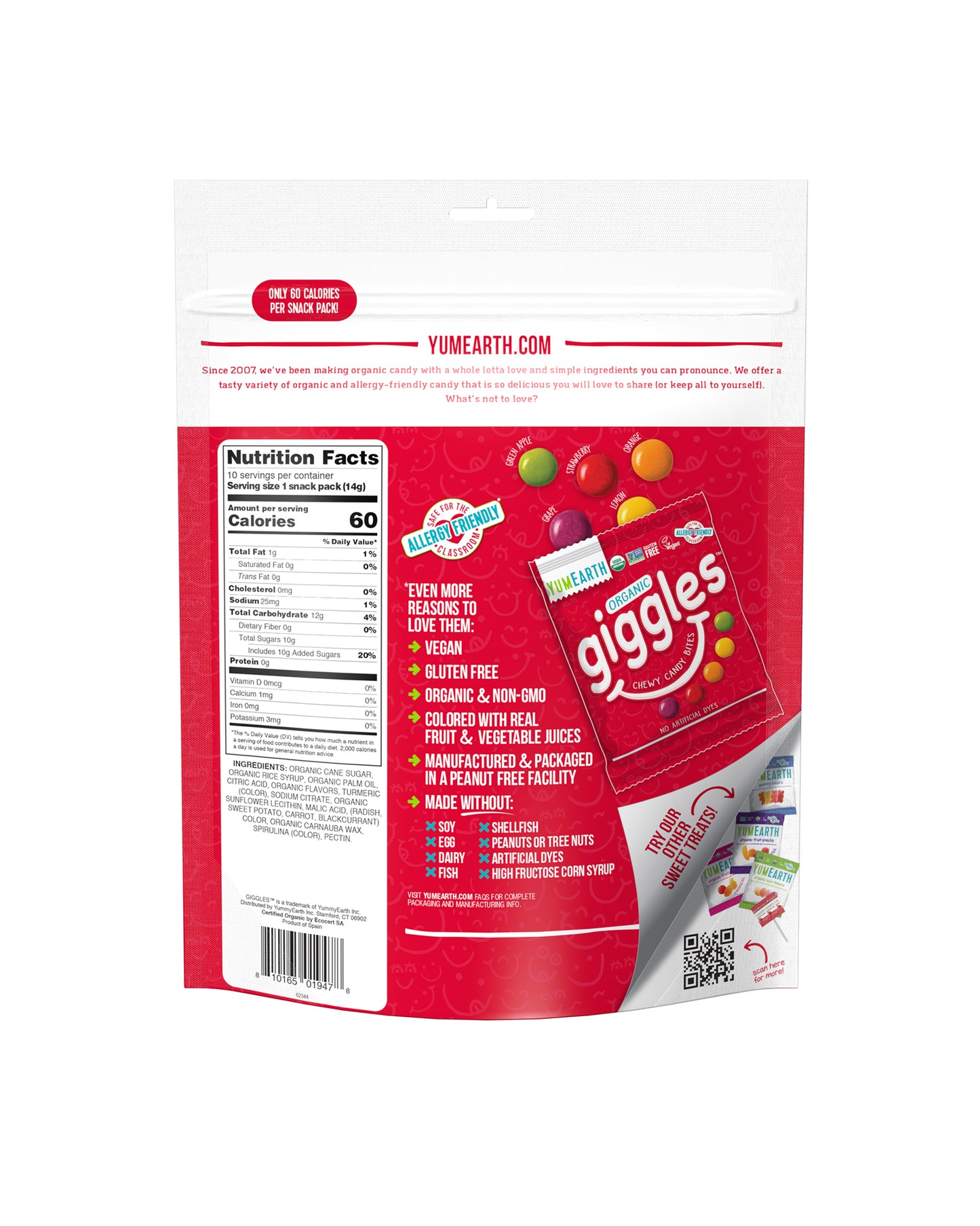 The back of YumEarth Organic Giggle Snack Packs