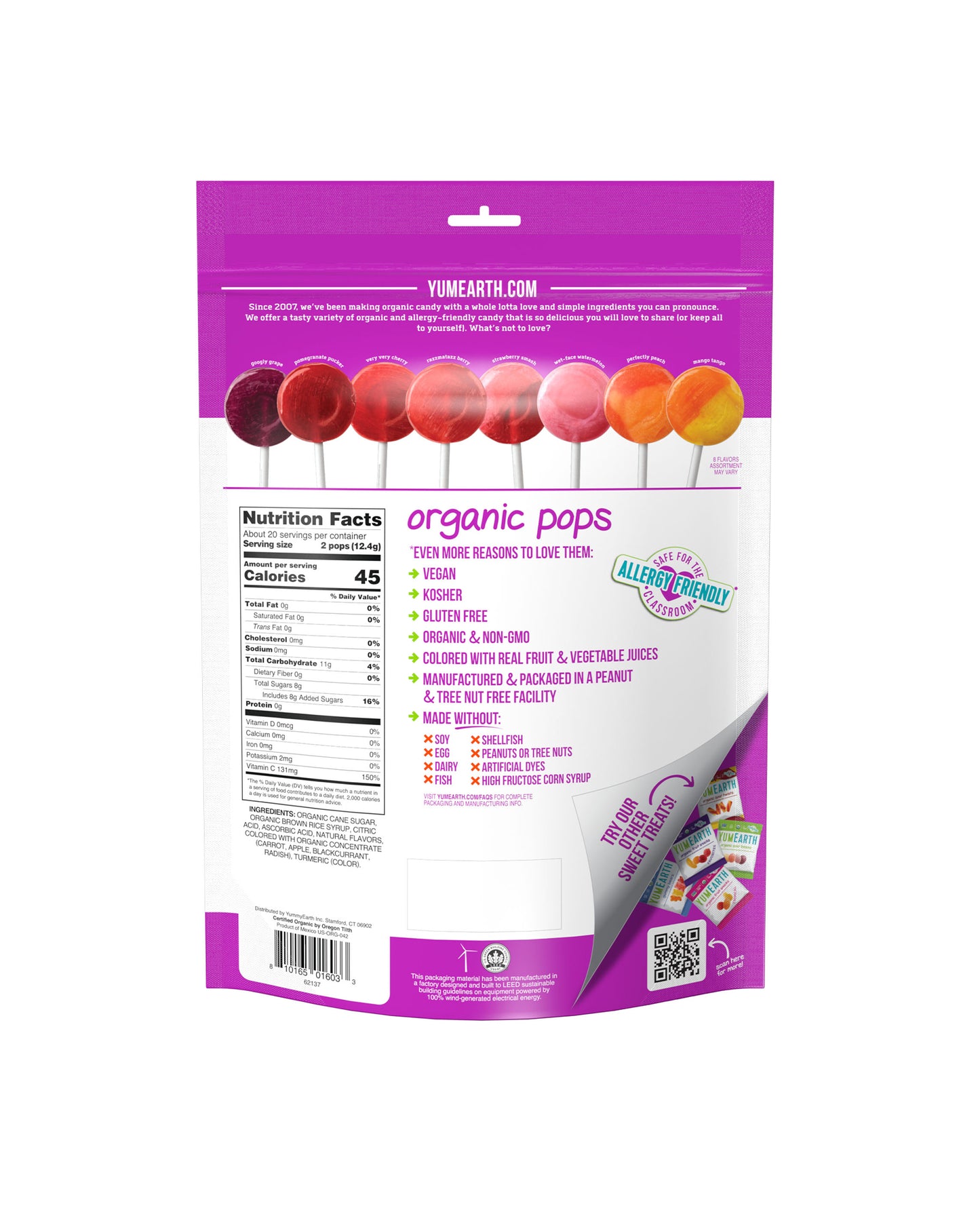 The back of YumEarth Organic Assorted Vitamin C Lollipops