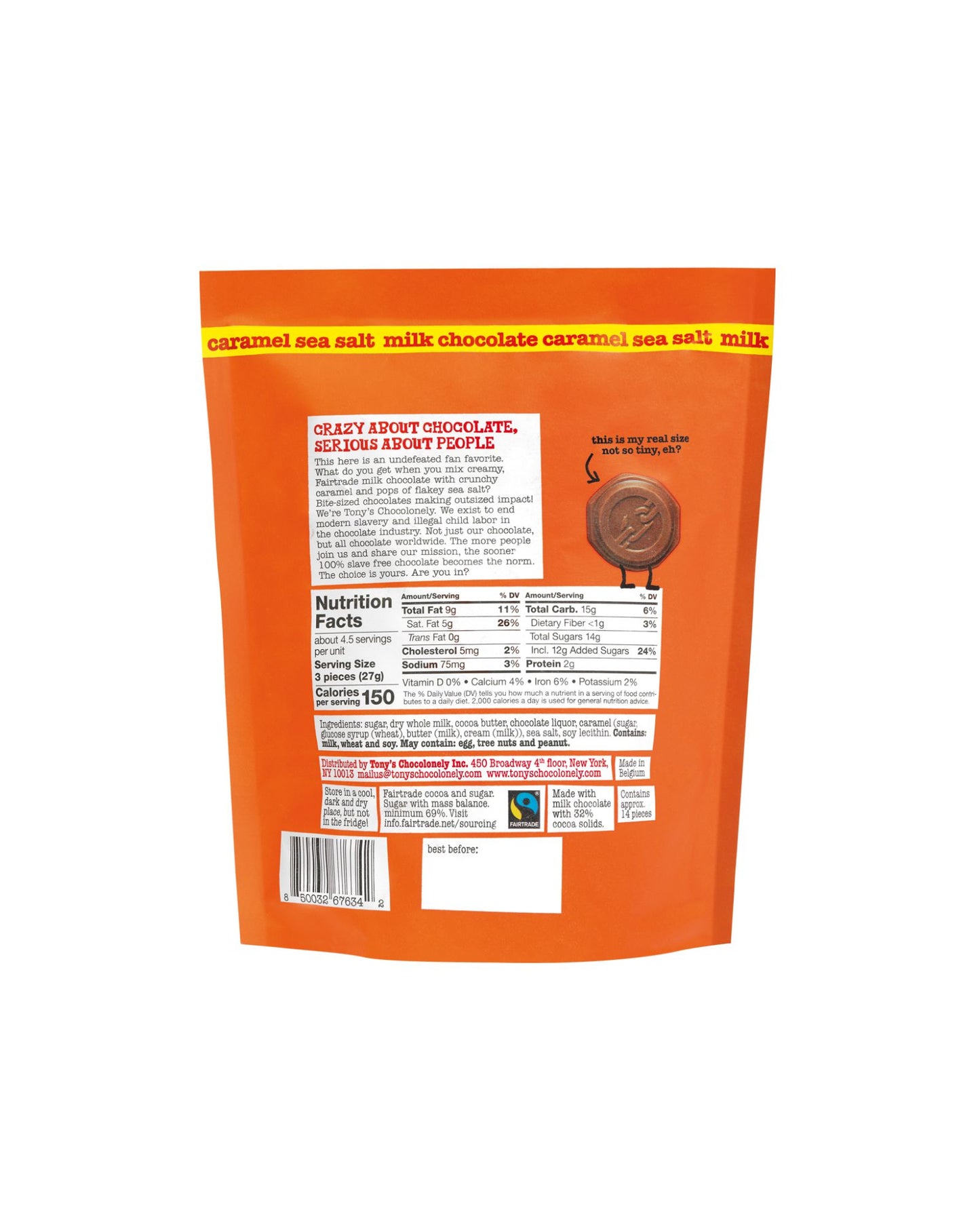 The back of Tony's Chocolonely Tiny Tony's Milk Caramel Sea Salt Coins - Bag of 14