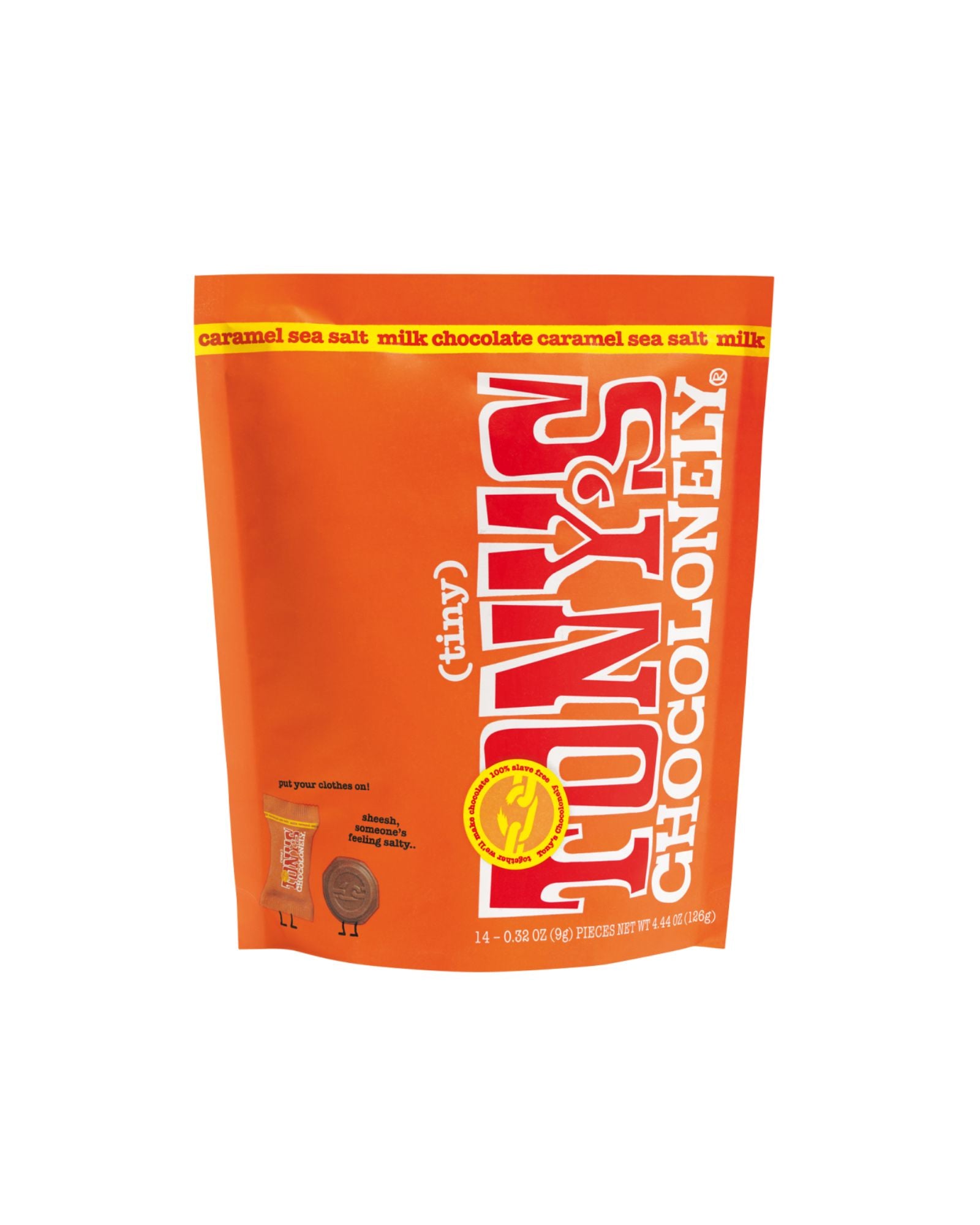 The front of Tony's Chocolonely Tiny Tony's Milk Caramel Sea Salt Coins - Bag of 14