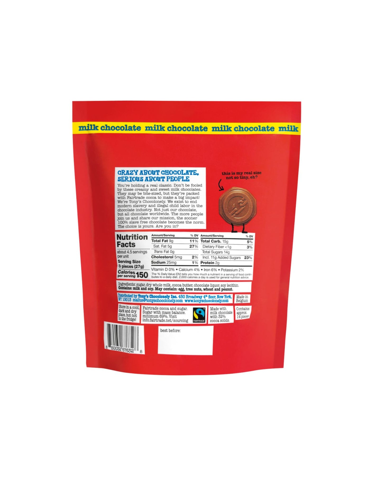 The back of Tony's Chocolonely Tiny Tony's Milk Chocolate Coins - Bag of 14