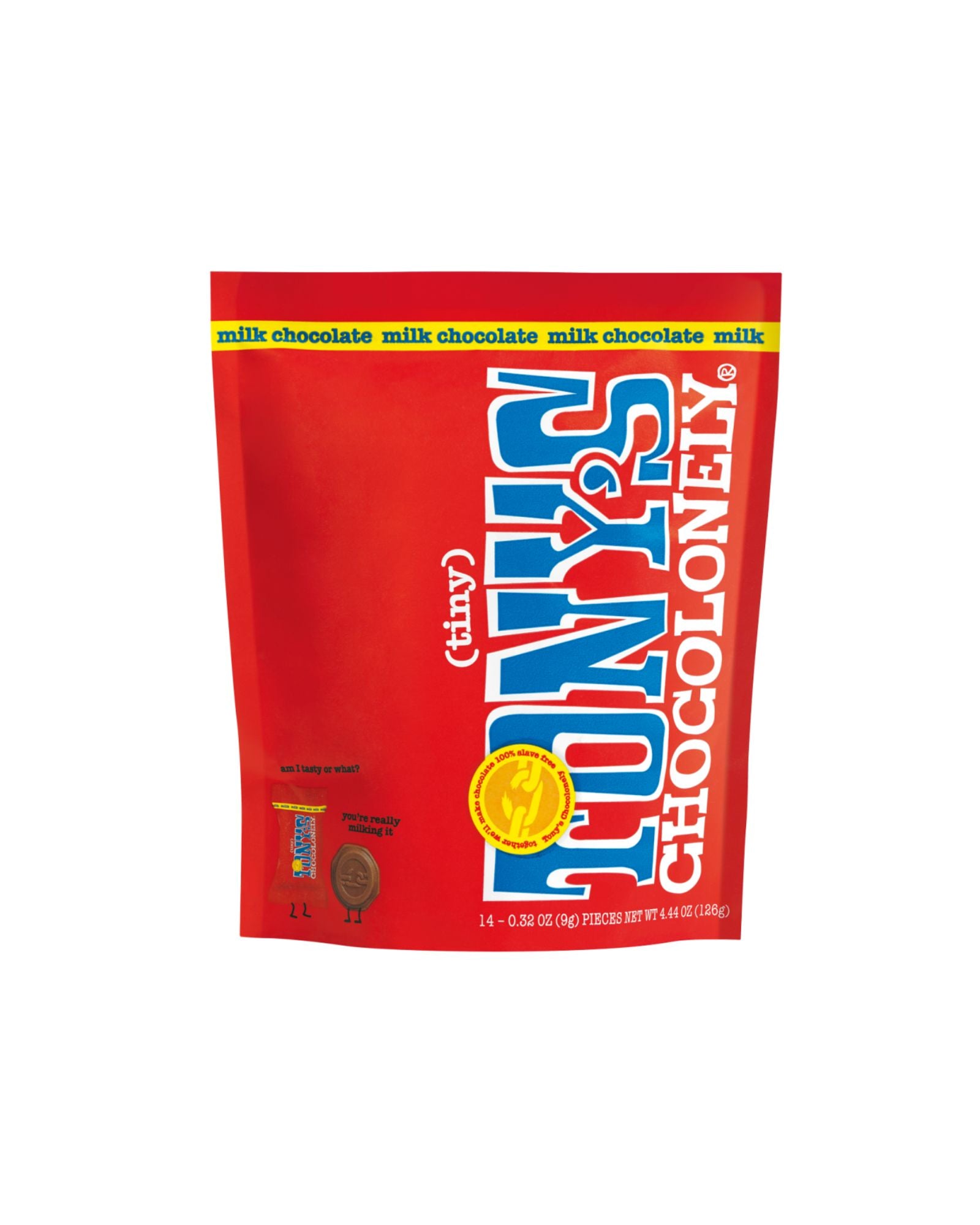 The front of Tony's Chocolonely Tiny Tony's Milk Chocolate Coins - Bag of 14