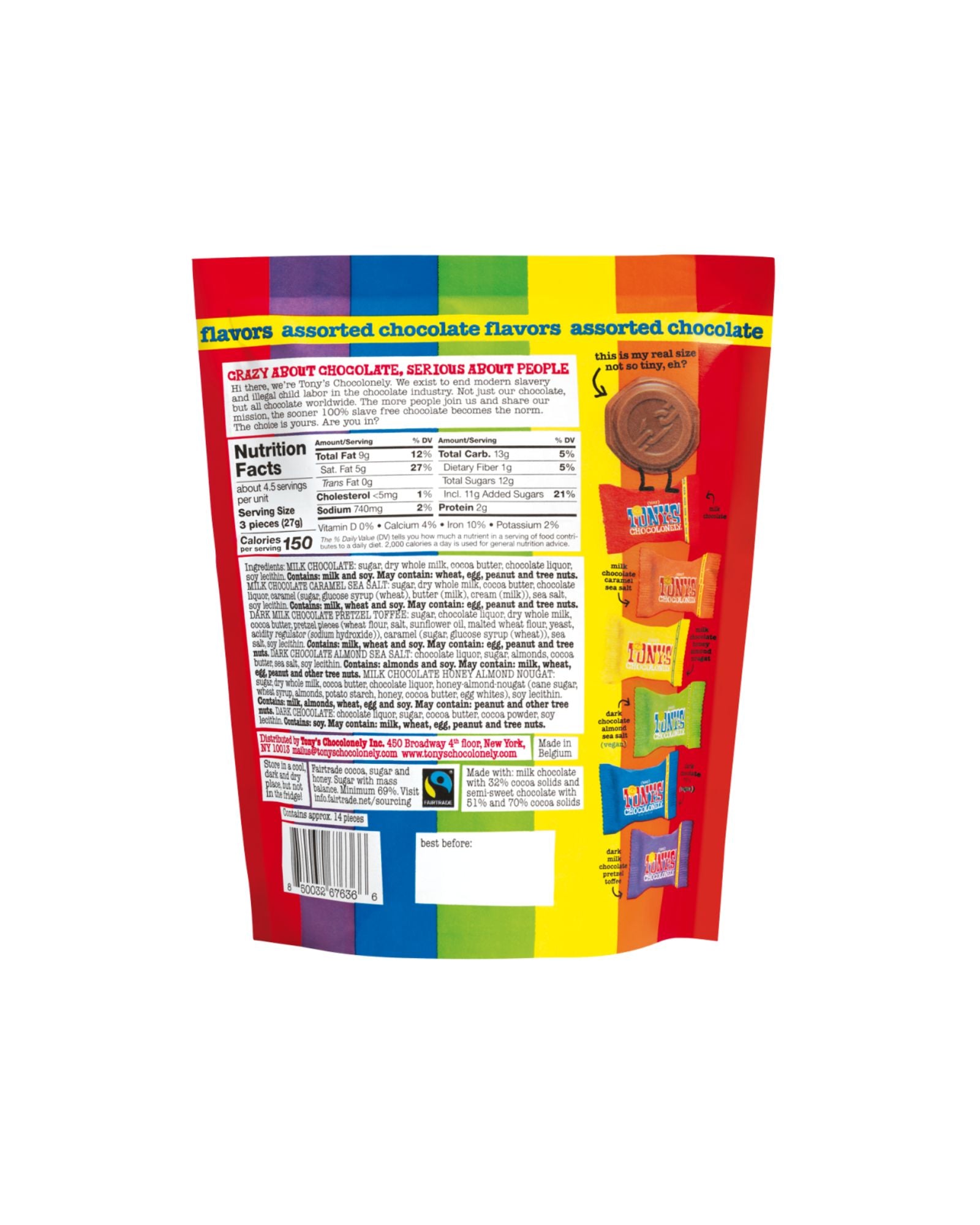 The back of Tony's Chocolonely Tiny Tony’s Rainbow Chocolate Coins - Bag of 14