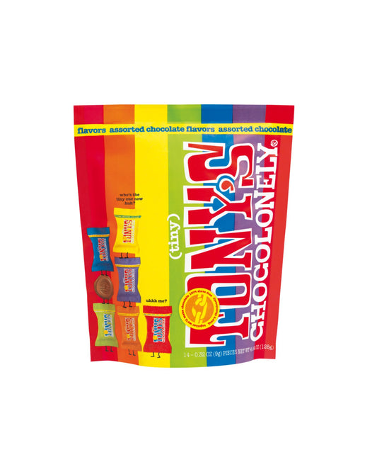 The front of Tony's Chocolonely Tiny Tony’s Rainbow Chocolate Coins - Bag of 14